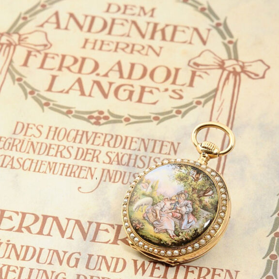 German pink gold enamel and pearl-set lever watch Circa 1892 German pink gold enamel and pearl-set lever watch Circa 1892