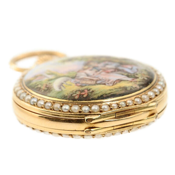 German pink gold enamel and pearl-set lever watch Circa 1892 German pink gold enamel and pearl-set lever watch Circa 1892