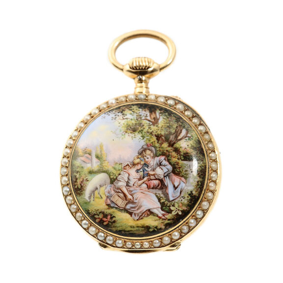 German pink gold enamel and pearl-set lever watch Circa 1892 German pink gold enamel and pearl-set lever watch Circa 1892