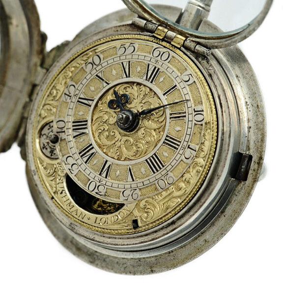 English decorative pocket watch with mock pendulum Circa 1710 English decorative pocket watch with mock pendulum Circa 1710
