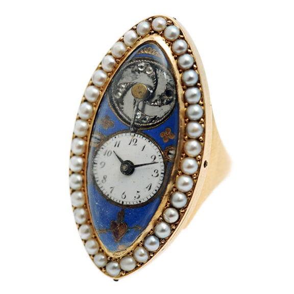 Swiss navette shaped ring watch with visible balance Circa 1850