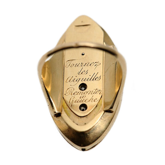 Swiss navette shaped ring watch with visible balance Circa 1850 Swiss navette shaped ring watch with visible balance Circa 1850