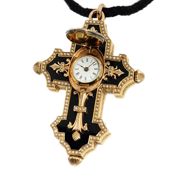 Swiss gold enamel cross form pendant watch Circa 1890 Swiss gold enamel cross form pendant watch Circa 1890