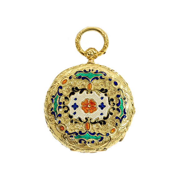 Swiss thin gold enamel pocket watch set in a bracelet Circa 1820 Swiss thin gold enamel pocket watch set in a bracelet Circa 1820