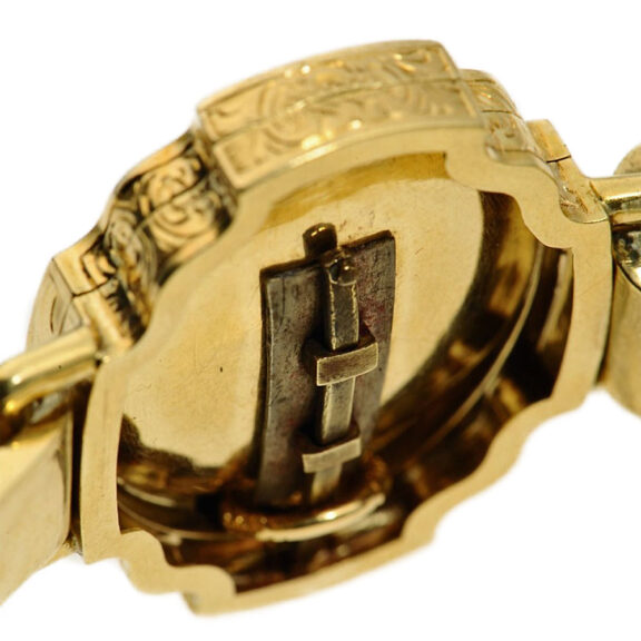 Swiss thin gold enamel pocket watch set in a bracelet Circa 1820 Swiss thin gold enamel pocket watch set in a bracelet Circa 1820