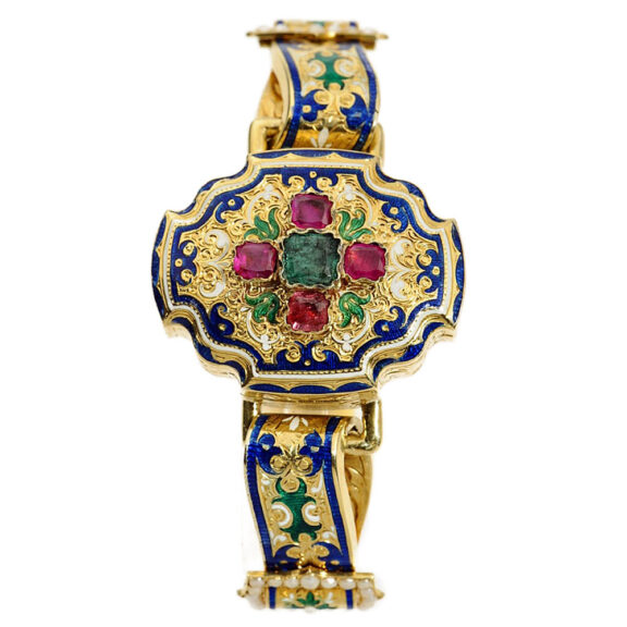 Swiss thin gold enamel pocket watch set in a bracelet Circa 1820 Swiss thin gold enamel pocket watch set in a bracelet Circa 1820