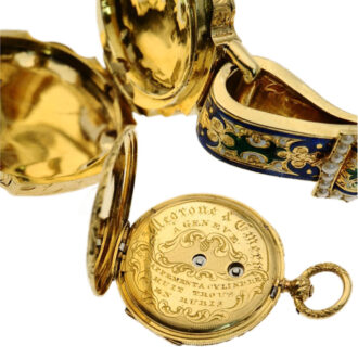 Swiss thin gold enamel pocket watch set in a bracelet Circa 1820