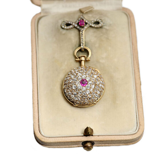 Swiss diamond and ruby studded miniature fob watch Circa 1900 Swiss diamond and ruby studded miniature fob watch Circa 1900