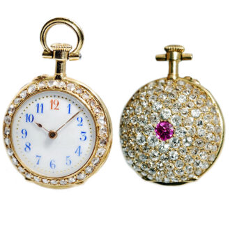 Swiss diamond and ruby studded miniature fob watch Circa 1900 Swiss diamond and ruby studded miniature fob watch Circa 1900