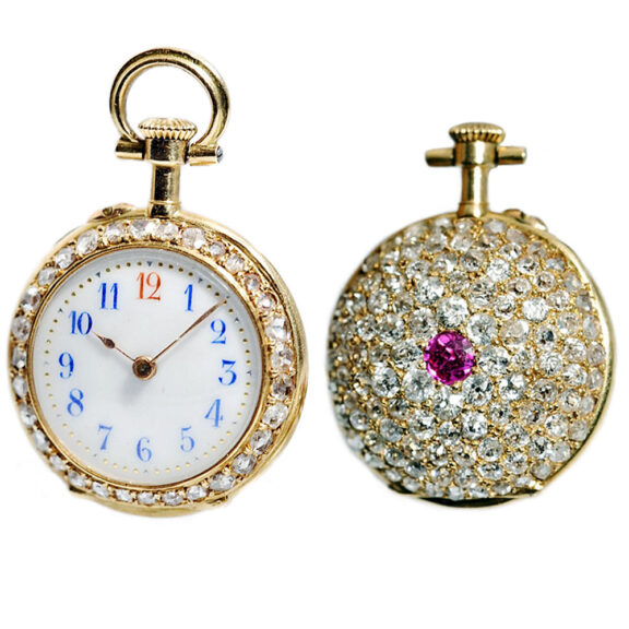Swiss diamond and ruby studded miniature fob watch Circa 1900 Swiss diamond and ruby studded miniature fob watch Circa 1900