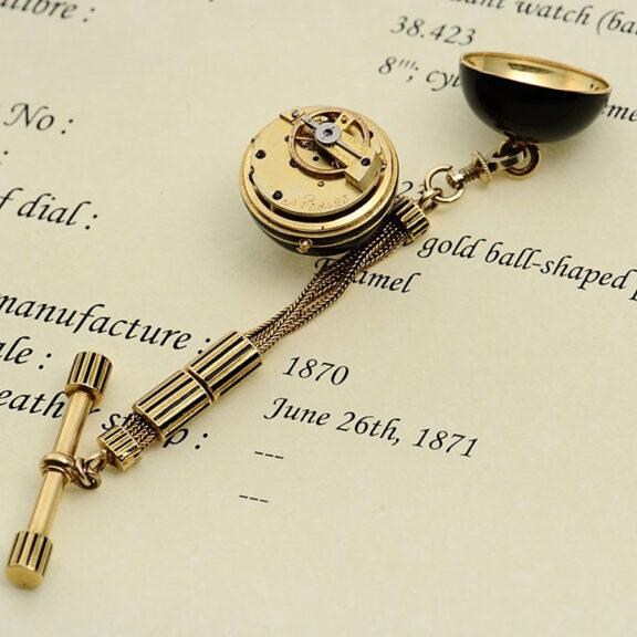 Rare Swiss gold enamel ball-shaped lapel watch Circa 1870 Rare Swiss gold enamel ball-shaped lapel watch Circa 1870