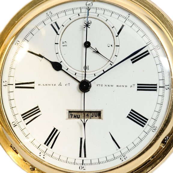 English gold repeating chronograph with linear calendar Circa 1896 English gold repeating chronograph with linear calendar Circa 1896