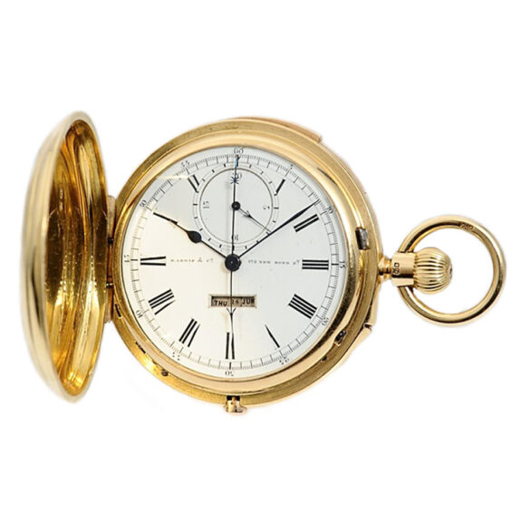English gold repeating chronograph with linear calendar Circa 1896 English gold repeating chronograph with linear calendar Circa 1896
