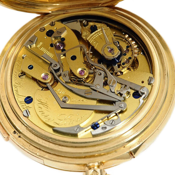 English gold repeating chronograph with linear calendar Circa 1896 English gold repeating chronograph with linear calendar Circa 1896