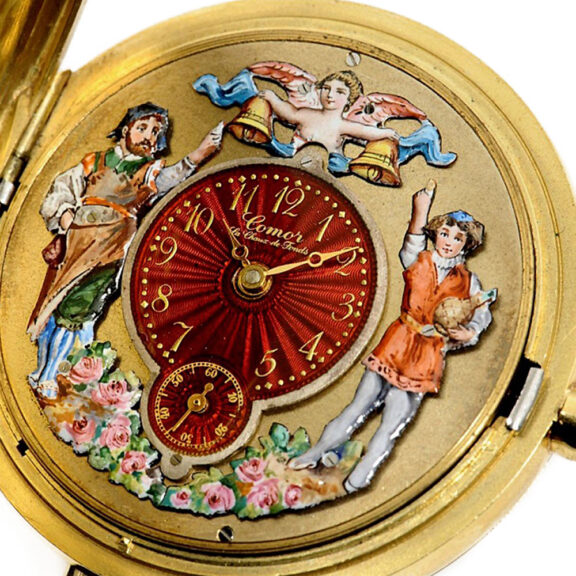 Swiss gold enamel quarter repeating pocket watch Circa 1980 Swiss gold enamel quarter repeating pocket watch Circa 1980