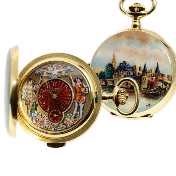 Swiss gold enamel quarter repeating pocket watch Circa 1980 Swiss gold enamel quarter repeating pocket watch Circa 1980