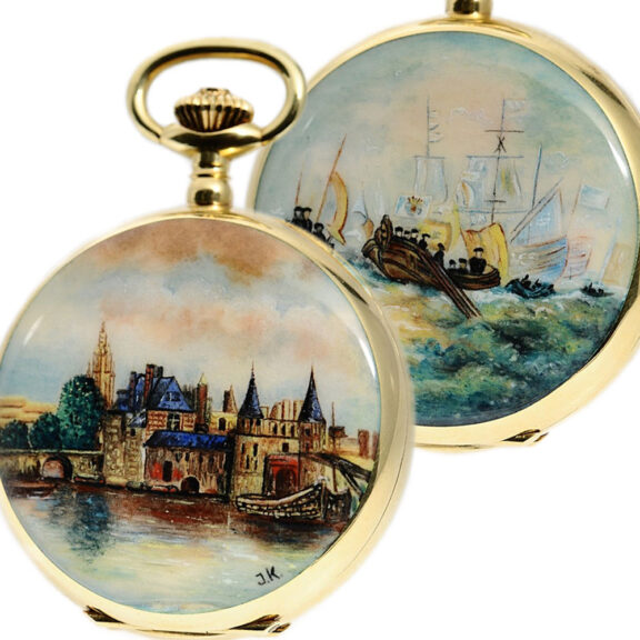 Swiss gold enamel quarter repeating pocket watch Circa 1980 Swiss gold enamel quarter repeating pocket watch Circa 1980