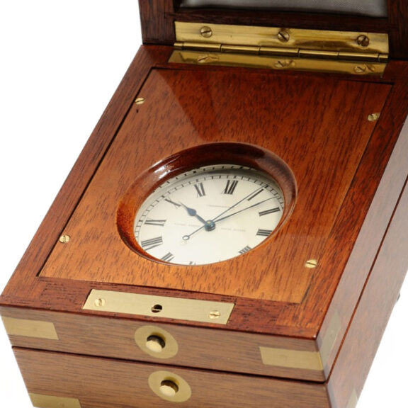 Swiss steel deck chronometer in a mahogany box Circa 1950 Swiss steel deck chronometer in a mahogany box Circa 1950
