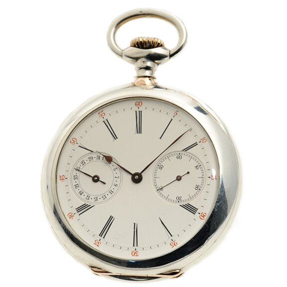 Rare Swiss silver open faced pocket watch with date Circa 1900