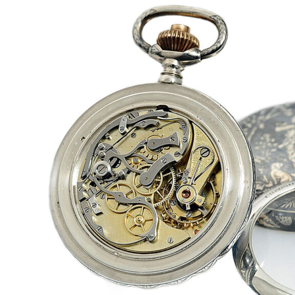 Rare Swiss Niello silver chronograph with tachy scale Circa 1910 Rare Swiss Niello silver chronograph with tachy scale Circa 1910