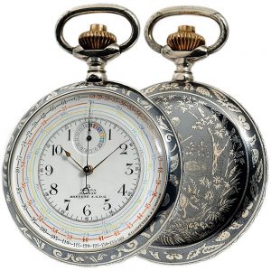 Rare Swiss Niello silver chronograph with tachy scale Circa 1910