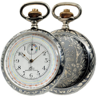Rare Swiss Niello silver chronograph with tachy scale Circa 1910