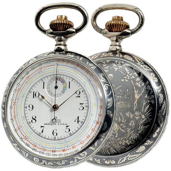 Rare Swiss Niello silver chronograph with tachy scale Circa 1910