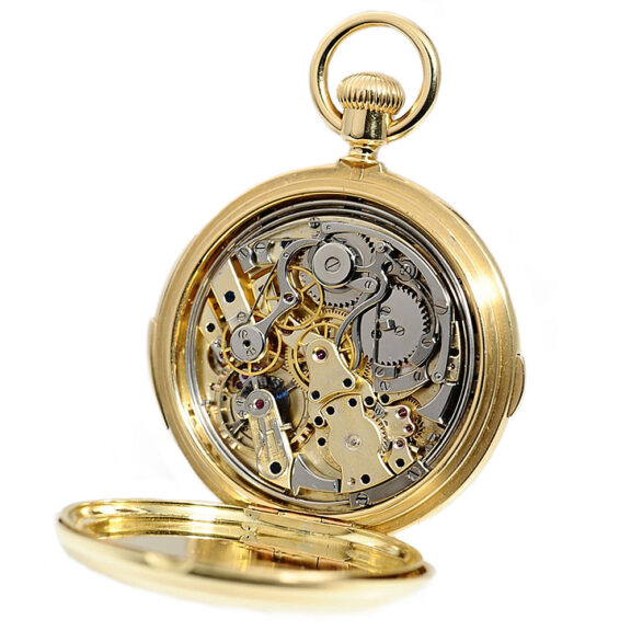 Swiss gold hunting cased repeating lever chronograph Circa 1895 Swiss gold hunting cased repeating lever chronograph Circa 1895