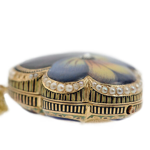 French gold enamel watch in the shape of a tufted pansy Circa 1820 French gold enamel watch in the shape of a tufted pansy Circa 1820
