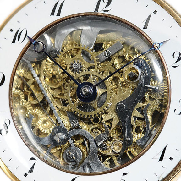 French gold skeletonized quarter repeater Circa 1820 French gold skeletonized quarter repeater Circa 1820