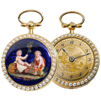 French gold pearl set watch with musical movement Circa 1800 French gold pearl set watch with musical movement Circa 1800