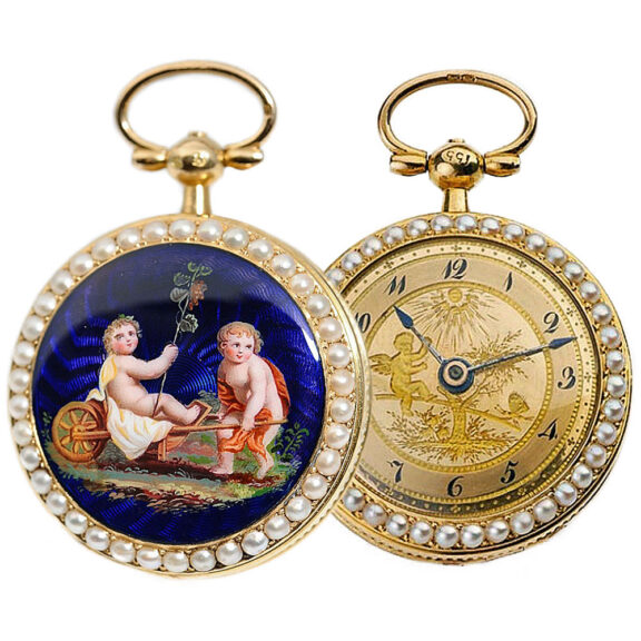 French gold pearl set watch with musical movement Circa 1800 French gold pearl set watch with musical movement Circa 1800