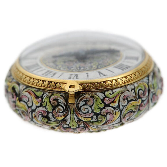 Swiss gold and enamel single-handed verge watch Circa 1660-1670 Swiss gold and enamel single-handed verge watch Circa 1660-1670