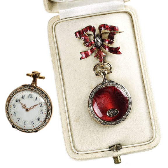 French pendant watch with matching bow brooch Circa 1900 French pendant watch with matching bow brooch Circa 1900