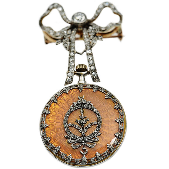 French ultra flat lady's fob watch with diamond brooch Circa 1910