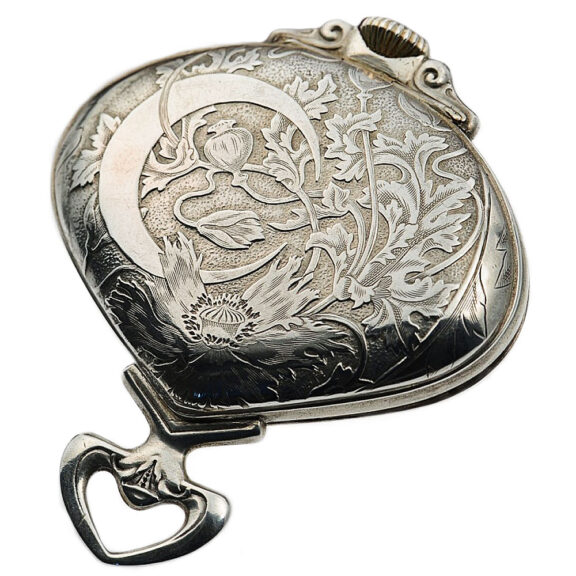 Swiss silver fan shaped Art Nouveau pocket watch Circa 1905 Swiss silver fan shaped Art Nouveau pocket watch Circa 1905