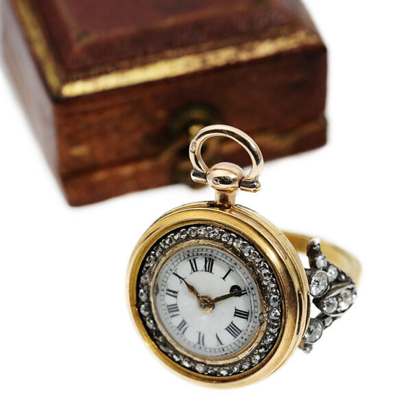 Swiss miniature cylinder watch and diamond gold ring Circa 1780 Swiss miniature cylinder watch and diamond gold ring Circa 1780