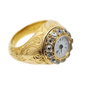 English diamond-set ring watch with original box Circa 1880