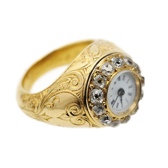 English diamond-set ring watch with original box Circa 1880