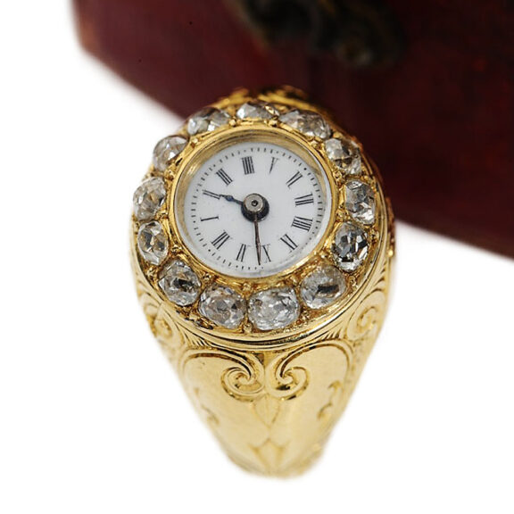 English diamond-set ring watch with original box Circa 1880 English diamond-set ring watch with original box Circa 1880