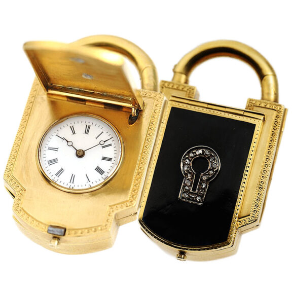 French diamond-set fob watch in the shape of a padlock Circa 1880