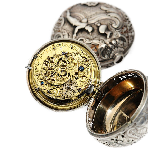 German repeating verge watch with repoussé decoration Circa 1750 German repeating verge watch with repoussé decoration Circa 1750
