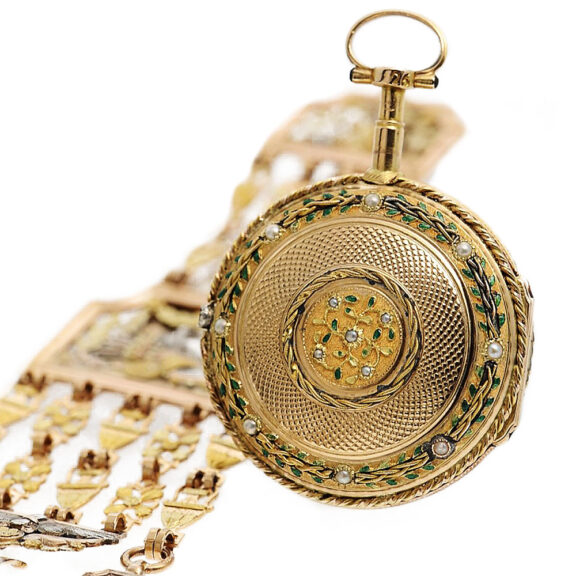French gold verge pocket watch studded with half pearls Circa 1780 French gold verge pocket watch studded with half pearls Circa 1780