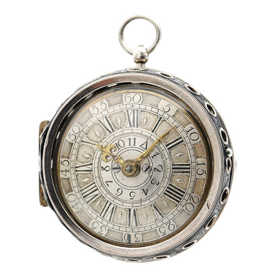 English silver pair-cased verge pocket watch with alarm Circa 1710 English silver pair-cased verge pocket watch with alarm Circa 1710
