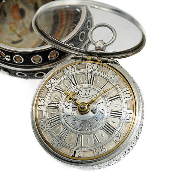 English silver pair-cased verge pocket watch with alarm Circa 1710 English silver pair-cased verge pocket watch with alarm Circa 1710