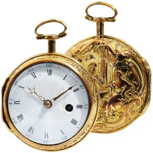 English verge pocket watch with repoussé decoration Circa 1740