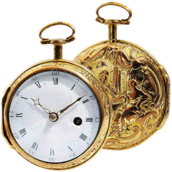 English verge pocket watch with repoussé decoration Circa 1740