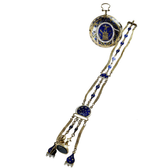 English gold enamel watch with matching chatelaine Circa 1774 English gold enamel watch with matching chatelaine Circa 1774