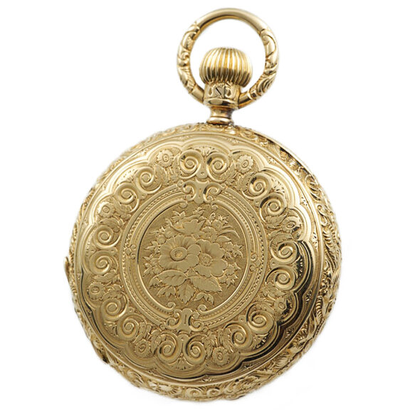 German 18k gold decorative hunting cased pocket watch Circa 1890 German 18k gold decorative hunting cased pocket watch Circa 1890