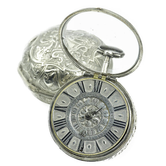 English silver pair-cased verge pocket watch with alarm Circa 1710 English silver pair-cased verge pocket watch with alarm Circa 1710